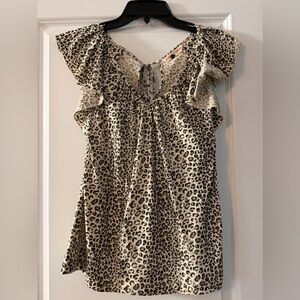 Rebecca Taylor Leopard Print Cotton Ruffle Sleeve Blouse top